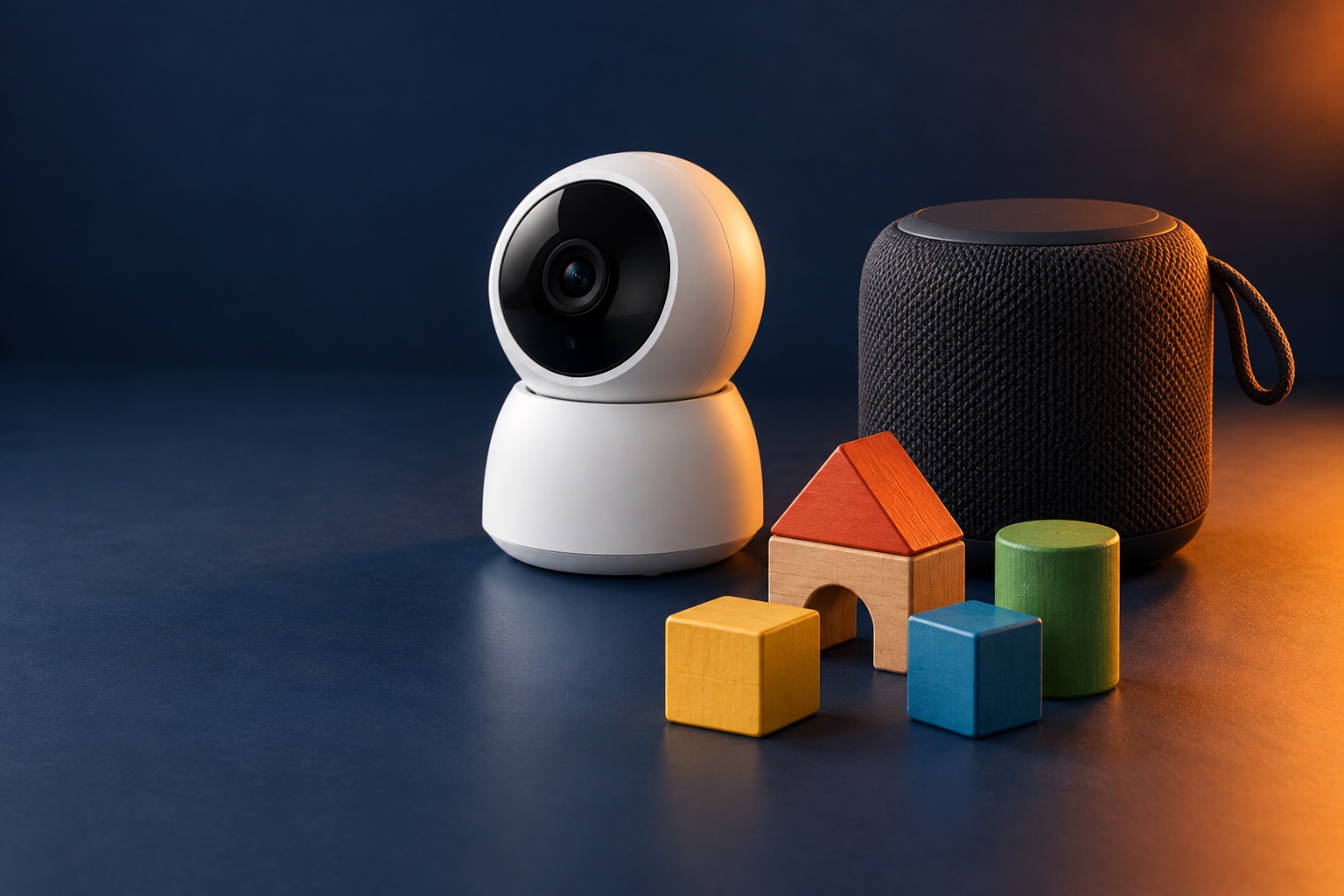 Illustrative still life of a white security camera, a charcoal speaker, and colourful wooden toy blocks.